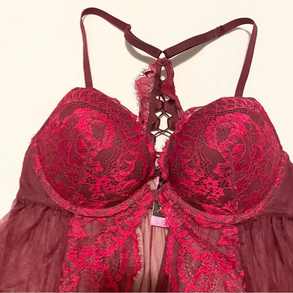 La Senza Burgundy Lace & Mesh Flyaway Babydoll Size M - Picture 2 of 15